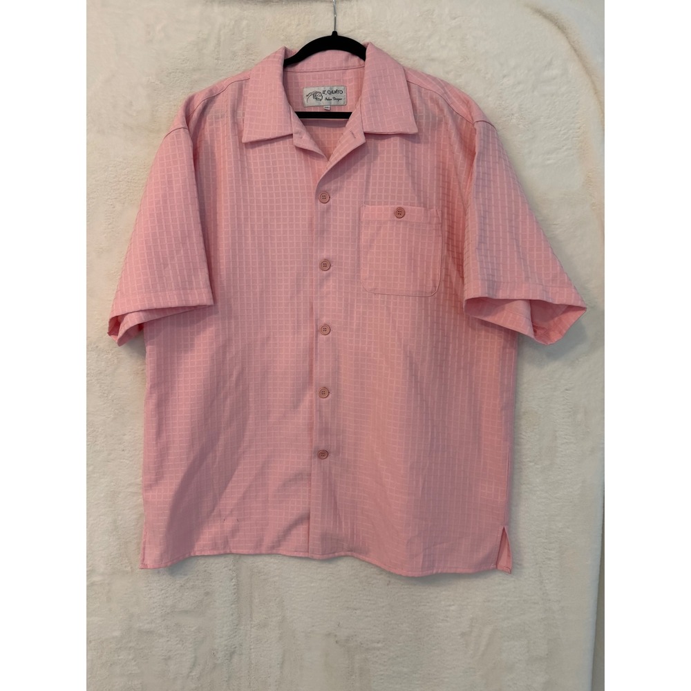 Il Canto Mens 2XL Pink Textured Grid Button Down Shirt Short Sleeve Camp Collar